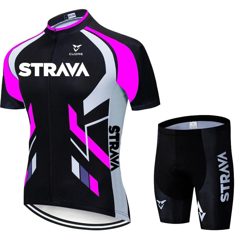 Conjunto Strava UltraGel Ciclismo (Conjunto 1) Lojas Quinho P Bermuda e Camisa Preta | Rosa 