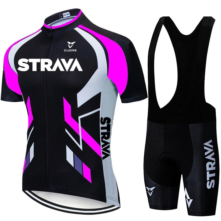 Conjunto Strava UltraGel Ciclismo (Conjunto 1) Lojas Quinho P Bretelle e Camisa Preta | Rosa 