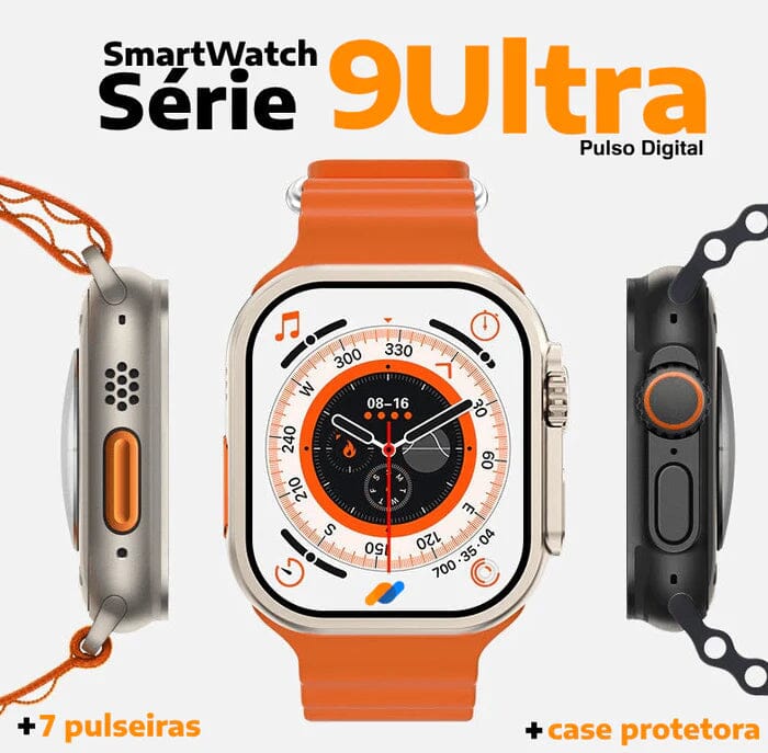 SmartWatch Serie 9 Ultra + Kit com 7 Pulseira (BRINDE!) + Case de Proteção (BRINDE!) Academia e Fitness (Smartwatch 4) Lojas Quinho
