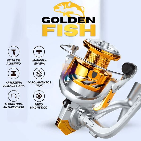 Molinete Profissional de Pesca com 12Kg Drag | Golden Fish UNISEX - ACESSORIO - MOLINETE AMARELO 5 Lojas Quinho Dourado + Chassi em Alumínio 